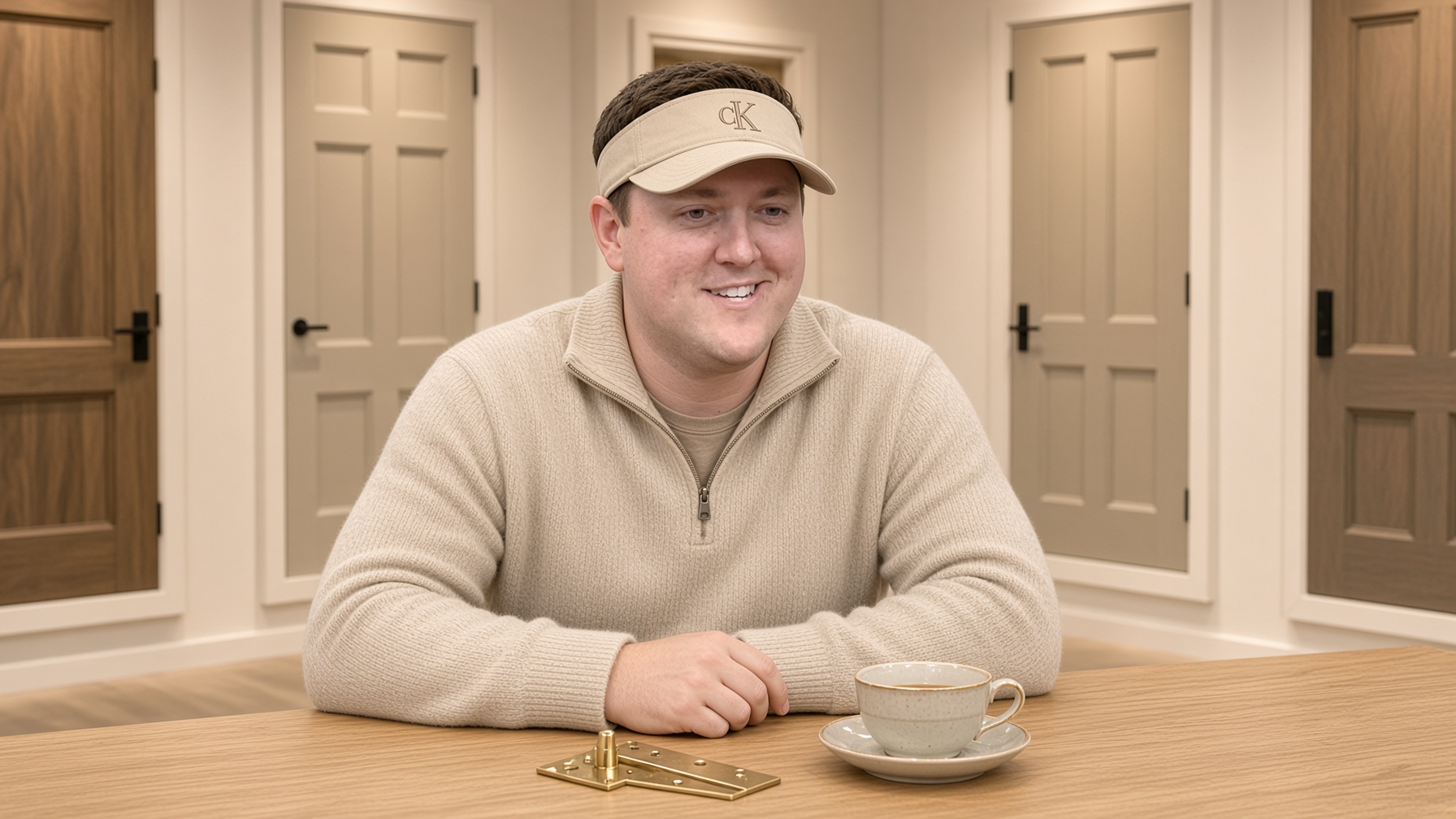 Cliff Maloney in a cream showroom interview, visor on, tea on the desk
