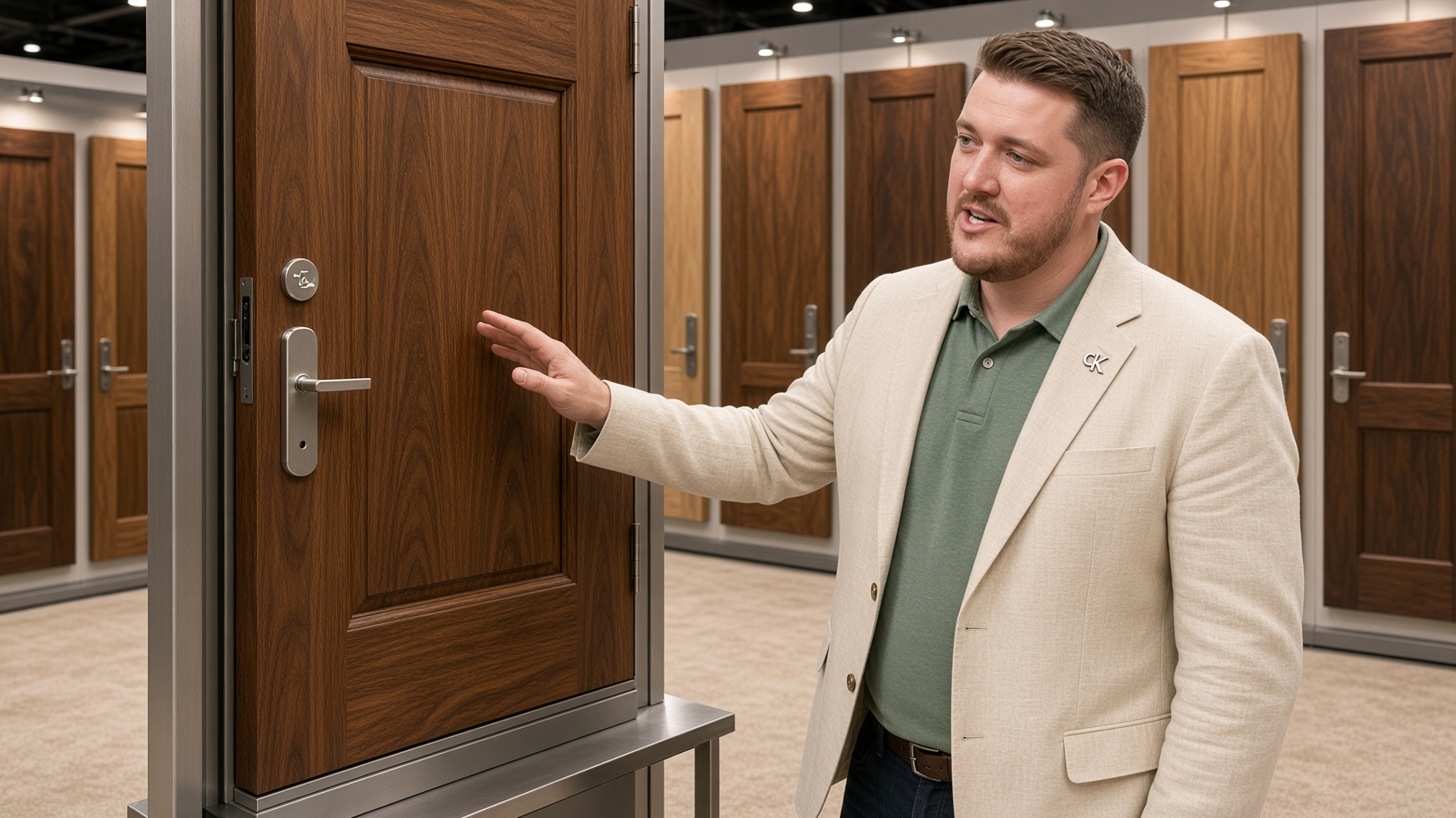 Cliff Maloney at a door trade show, gesturing at a walnut door